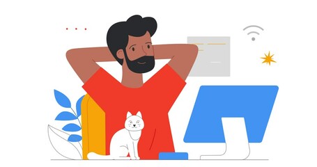 Poster - Working at home. Moving banner with happy male freelancer or remote worker relaxing at work place in home office. Company employee or entrepreneur performs tasks. Flat outline animated graphics