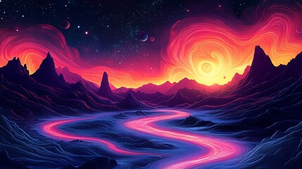 Wall Mural - Vibrant alien landscape under a swirling sunset.