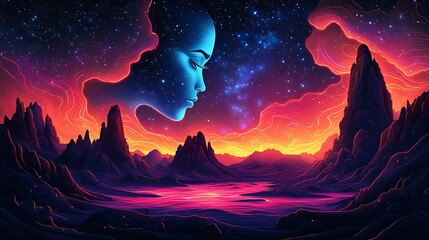 Wall Mural - Cosmic alien woman contemplates a vibrant alien landscape.