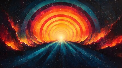 Wall Mural - Cosmic tunnel of vibrant concentric circles, leading to a radiant center.