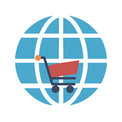 Poster - Shopping Cart on Globe Icon Representing Global E-Commerce and Worldwide Online Trade