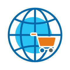 Poster - Shopping Cart on Globe Icon Representing Global E-Commerce and Worldwide Online Trade