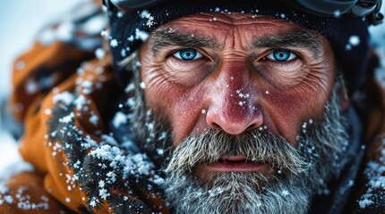 Poster - Man in snowy environment with beard and mustache, wearing goggles and winter clothing.