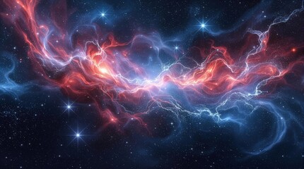 Poster - A cosmic scene featuring nebulae in shades of red and blue, with stars twinkling in the background.