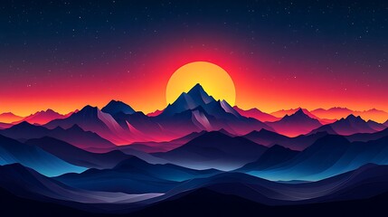 Wall Mural - Vibrant mountain range at sunset under a radiant starlit sky.