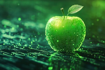 Poster - Glowing green apple with sparkling effects on a dark surface