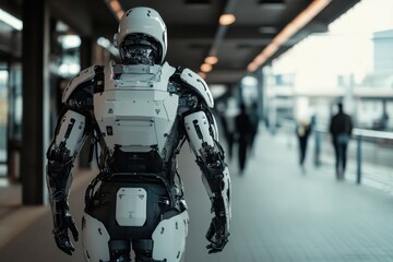 Poster - Robot walks in futuristic urban environment during daytime with people nearby