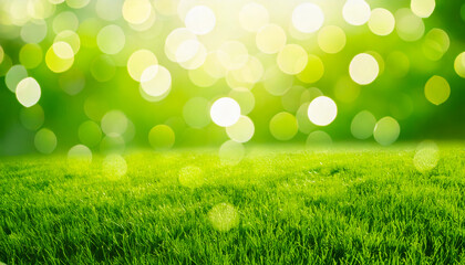 Aufkleber - Bright sunlight illuminating a lush green field with vibrant bokeh effects in the background during midday
