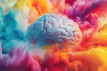 Poster - Colorful artistic representation of a brain surrounded by vibrant clouds of color