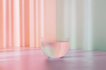 Poster - Clear water bowl on a pastel background with vibrant light reflections and shadows