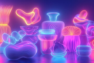 Poster - Colorful glowing abstract shapes and objects illuminated in vibrant neon colors
