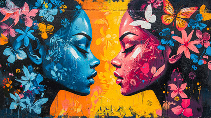 Aufkleber - The mural showcases two women facing each other, adorned with floral patterns and butterflies, in an energetic urban environment