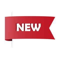 Poster - New label ribbon. Announcement vector banner. Red folded shape. Product arrival message.