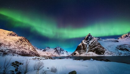 aurora borealis over in the dark night sky over the snowy mountains in the lofoten