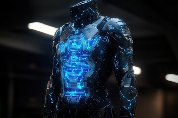 Poster - Futuristic robotic suit with glowing circuitry on display in a dimly lit urban setting
