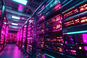 Poster - Data center with vibrant neon lights and advanced server technology at night