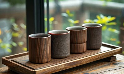 Poster - Crafted ceramic cups displayed on a wooden tray in a cozy cafe with a green garden view