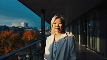 Poster - A woman stands on a balcony overlooking a cityscape, providing a vantage point for city views.