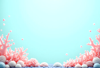 Poster - A stunning underwater landscape showcases vivid coral formations and an array of colorful seashells scattered across the sandy ocean floor. The soft light creates a tranquil ambiance Generative AI