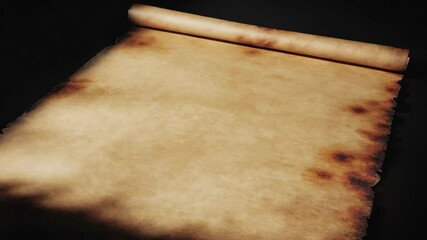 Poster - A rolled up piece of old parchment sits atop a wooden table, awaiting discovery.