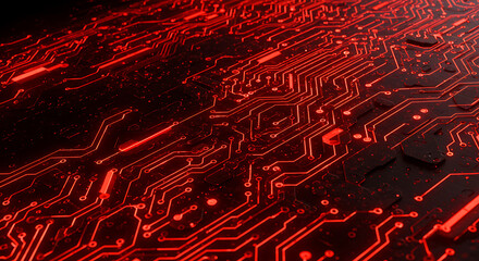 Poster - Glowing Red Circuit Board Abstract Technology Pattern Background for Futuristic Designs and Digital Media