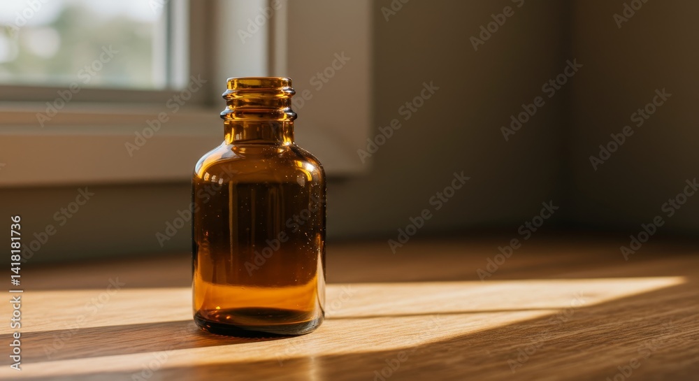 Amber Glass Bottle in Sunlight - A small amber glass bottle rests on a wooden surface, bathed in sunlight. It symbolizes simplicity, nature, vintage charm, purity, and tranquility