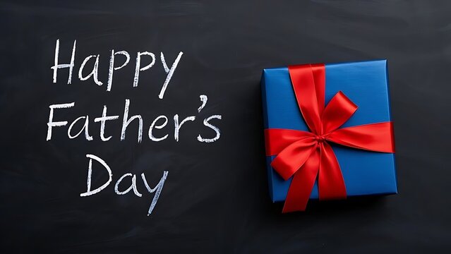 Father's Day celebration, chalkboard background, handwritten text, blue gift box, red ribbon bow, festive presentation, contrasting colors, holiday greeting