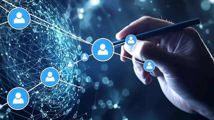 Poster - A skilled hand with a pencil creates connections in a complex digital network of user icons, symbolizing intricate data interaction and strong connectivity in our techdriven world