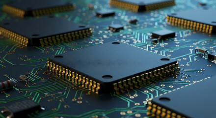 Poster - Interconnected Microchips on Circuit Board Detail Background for Tech Industry