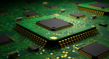 Poster - Detailed Microchip on Green Circuit Board, Technology Macro Background for Digital Innovations