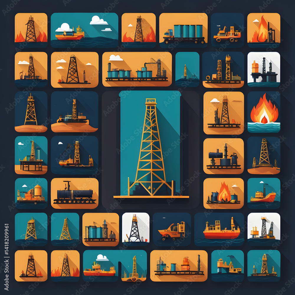 Oil Rig Industry Diverse Set of Flat Icons Depicting Offshore and ...