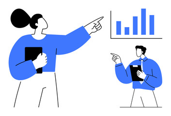 Poster - two individuals exchange insights while analyzing a bar chart. one holds a tablet, emphasizing progr