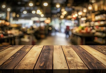Aufkleber - Dark wood tabletop with blurred view of a modern grocery or market interior, ideal for food product promotions, branding, or advertising templates in retail environments