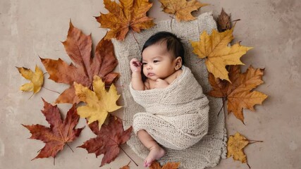 Poster - A baby snuggled up in a cozy blanket, surrounded by colorful autumn leaves.