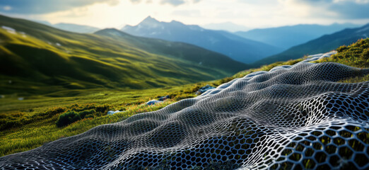Poster - Abstract mesh structure resembling landscape waves in mountainous terrain, showcasing intricate patterns and textures against a backdrop of lush green hills and distant peaks, copy space for text.