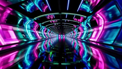 Poster - Neon Tunnel with Vibrant Illumination and Reflective Surfaces