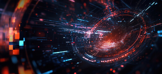 Poster - Futuristic digital vortex with glowing particles and data streams, abstract technology background, vibrant colors, depth and motion, copy space for text.