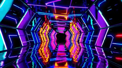 Poster - Vibrant Neon Tunnel with Reflective Surfaces and Dynamic Lights