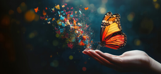 Poster - Butterfly emerging from hand, vibrant colors, magical transformation, ethereal atmosphere, colorful particles, enchanting scene, copy space for text.