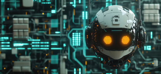 Poster - Futuristic robotic head with glowing eyes against a high-tech circuit board background, showcasing advanced technology and artificial intelligence, copy space for text.