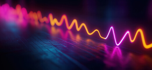 Poster - Vibrant neon waveforms in pink, orange, and purple colors reflecting on a dark surface, creating a dynamic visual representation of sound or light waves, copy space for text.