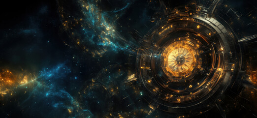 Poster - Futuristic cosmic portal with intricate golden machinery and vibrant nebulae, showcasing advanced technology and deep space exploration, copy space for text.