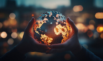 Poster - Illuminated Puzzle Globe Held in Hands Symbolizing Global Unity and Connection, Blurred City Background.