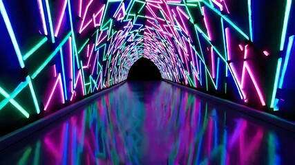 Poster - Vibrant Neon Tunnel with Abstract Patterns on Walls and Floor