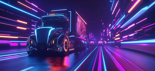 Poster - Futuristic neon-lit truck speeding through vibrant cityscape, showcasing advanced technology and dynamic motion, copy space for text.