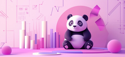 Poster - Cute panda character in a vibrant, stylized environment with geometric shapes and pastel colors, showcasing playful design and modern aesthetics, copy space for text.