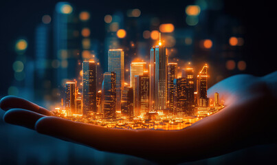 Poster - Miniature glowing cityscape held in hand, showcasing futuristic skyscrapers and vibrant lights against a blurred urban background.
