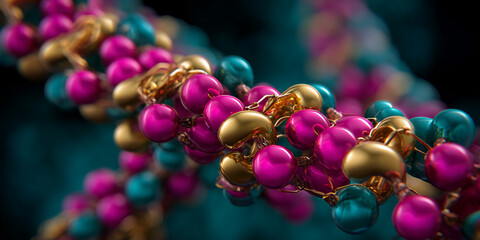 Poster - Close-up of glossy pink, teal, and gold beads intertwined, creating a vibrant, abstract texture.  Represents luxury, elegance, and design