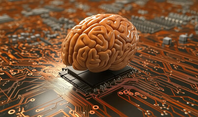 Poster - Brain on Microchip Surrounded by Circuit Board, Symbolizing Artificial Intelligence and Neural Networks.