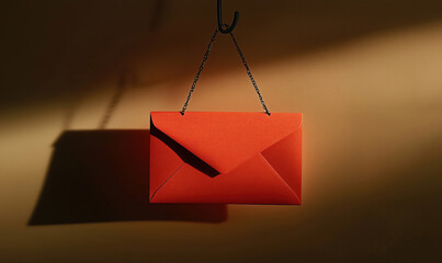 Poster - Red envelope hanging on hook casting shadow against warm background, symbolizing communication and connection.